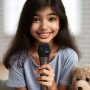 Young girl holding microphone.