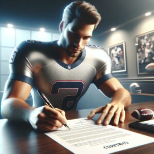 Football player signing contract.