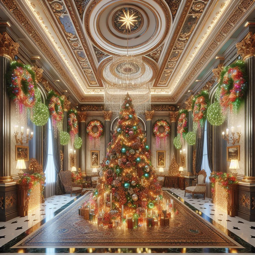 Holiday decorations in mansion.