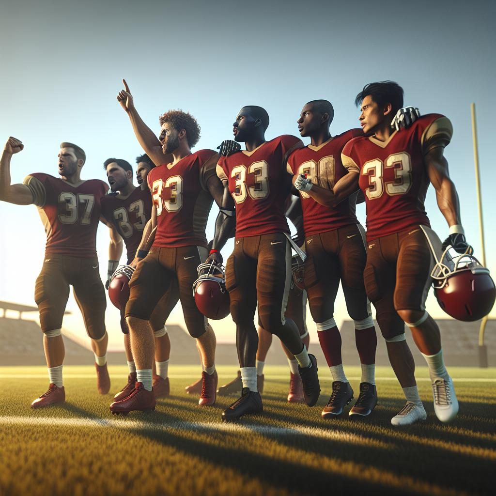 Football team huddle celebration.