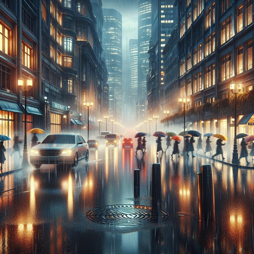 Rain-soaked street scene
