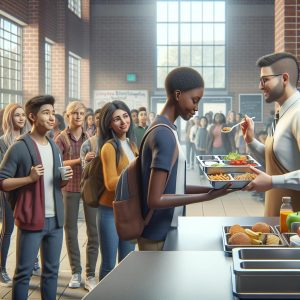 School meal distribution scene.