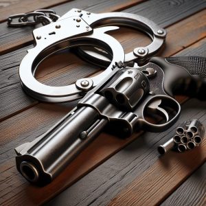 Handcuffs and stolen weapon