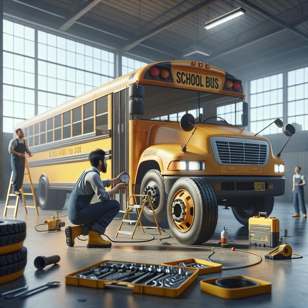 School bus maintenance checks.