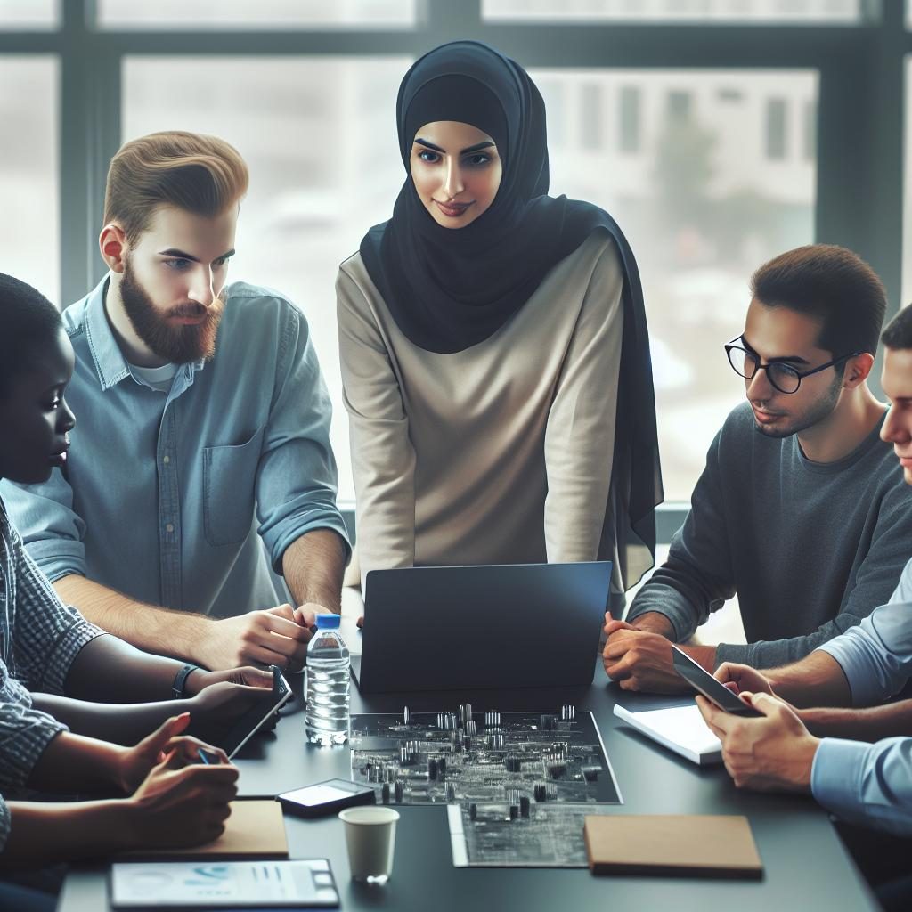 Woman leading diverse team.