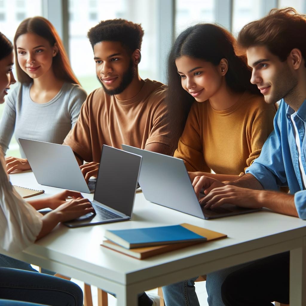 Students using computers together.