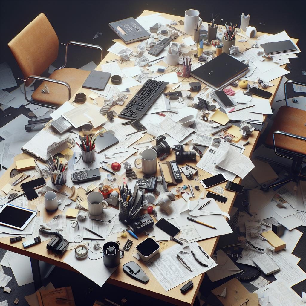 Empty office desk turmoil.