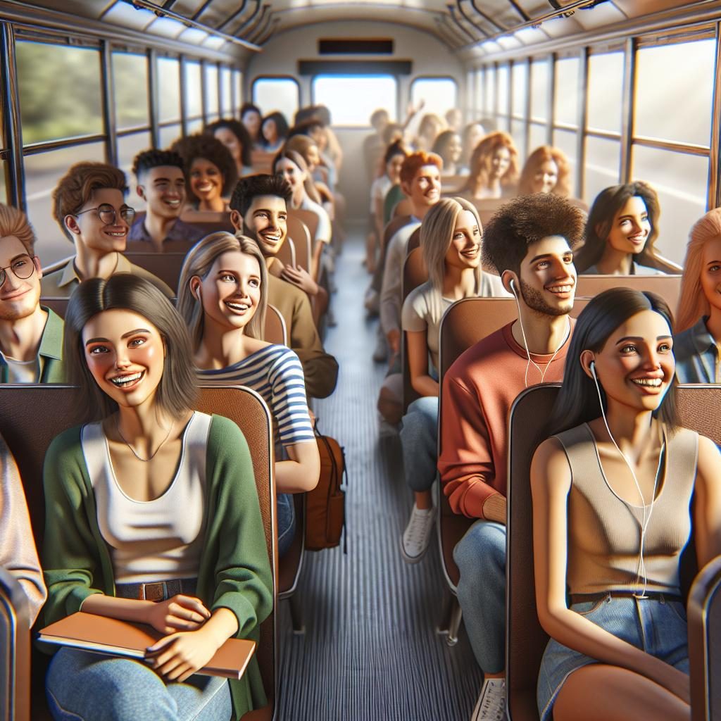 Happy students on bus.