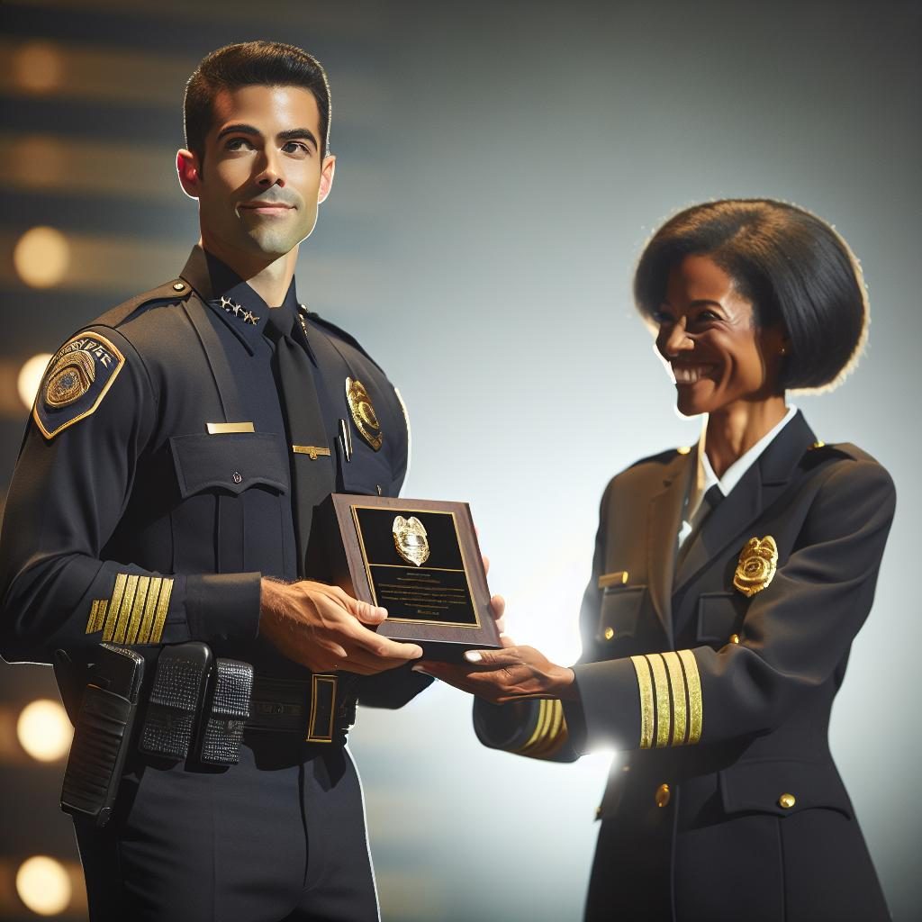 Police officer receiving award.