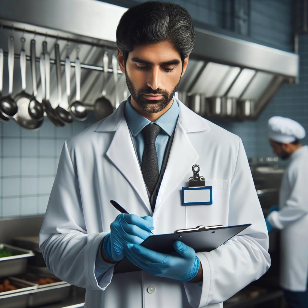 Health inspector examining kitchen.