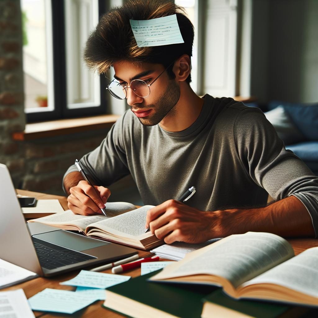 Excited student studying hard.