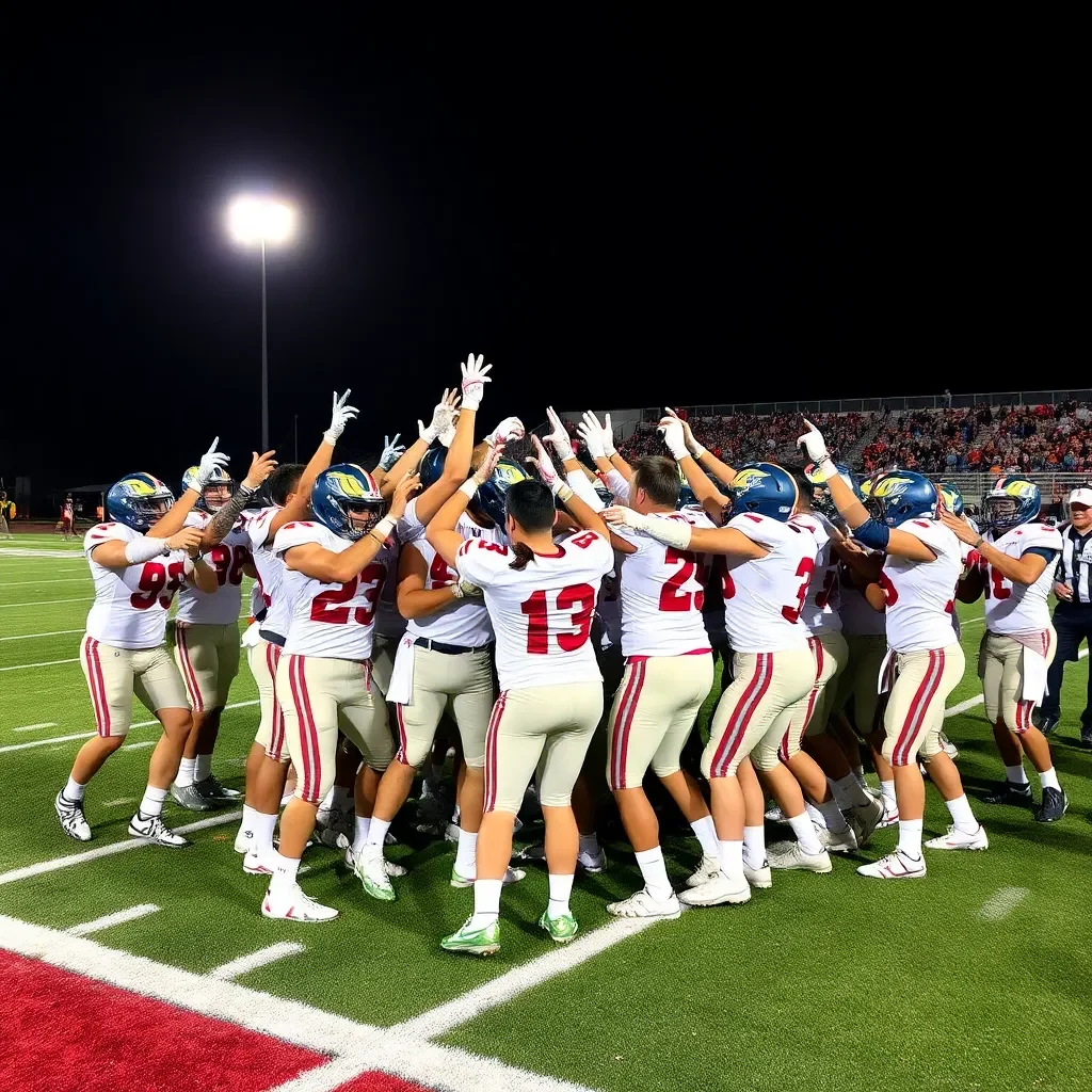 High school football victory celebration on the field.