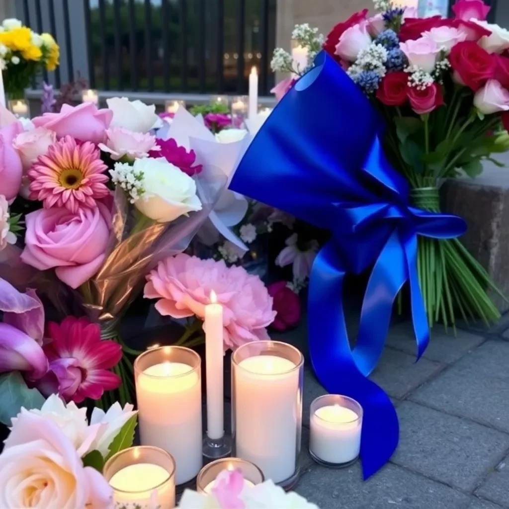 Flowers and candles at a memorial tribute site.