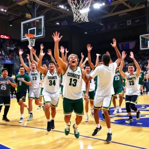 Energetic basketball court celebration with team spirit elements.