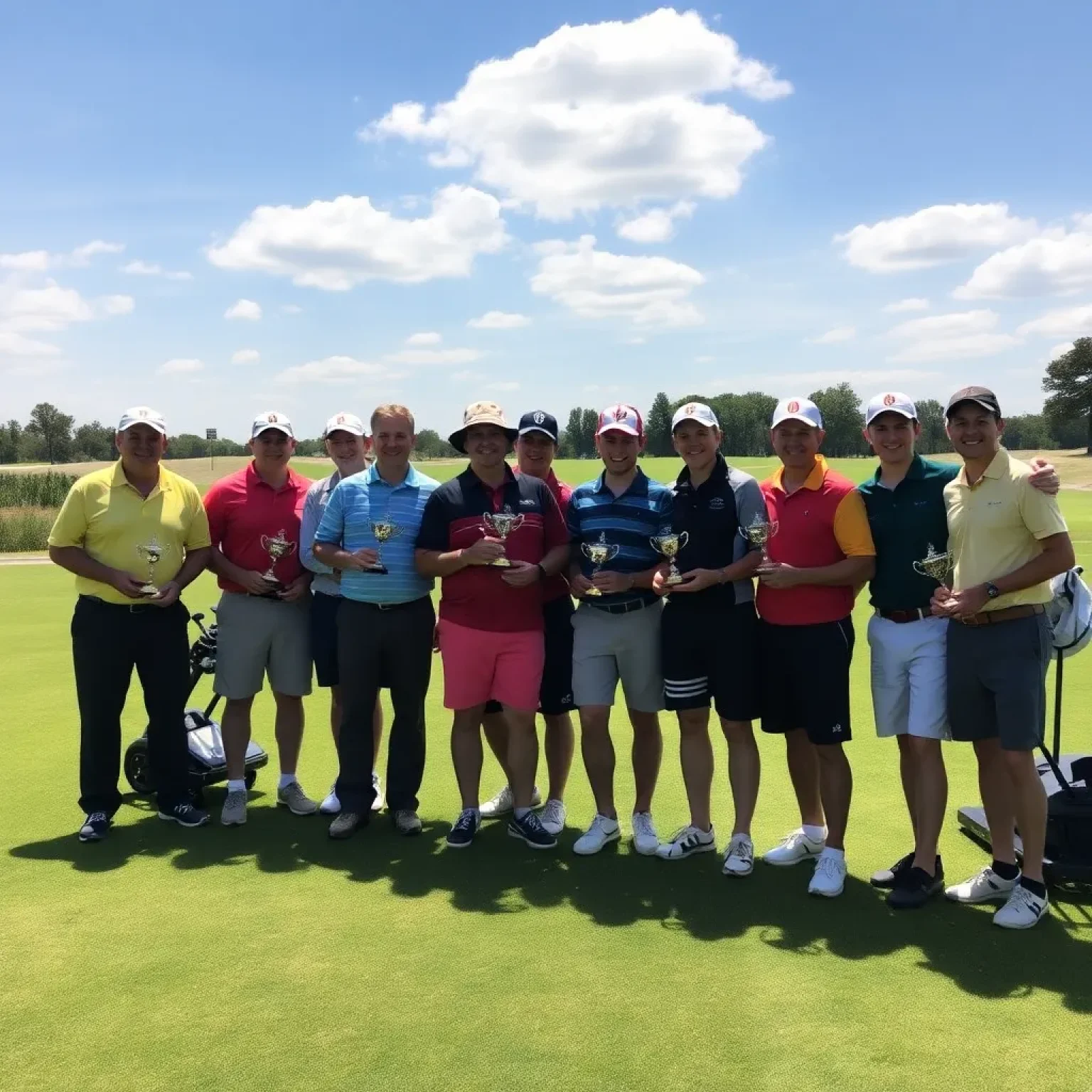 Golf teams celebrating with trophies on a sunny course.