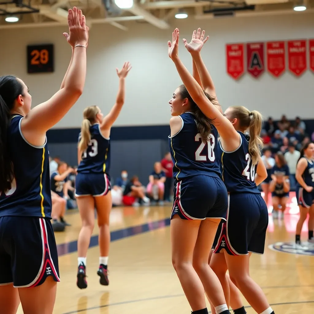 Female athletes celebrating a victorious basketball game.