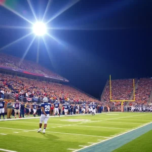 Exciting college football game atmosphere under bright stadium lights.