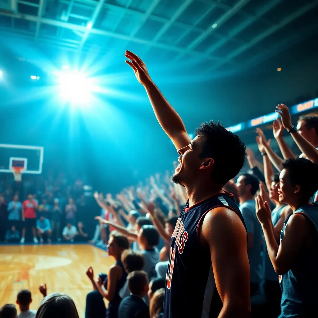 Exciting basketball court moment with cheering fans.