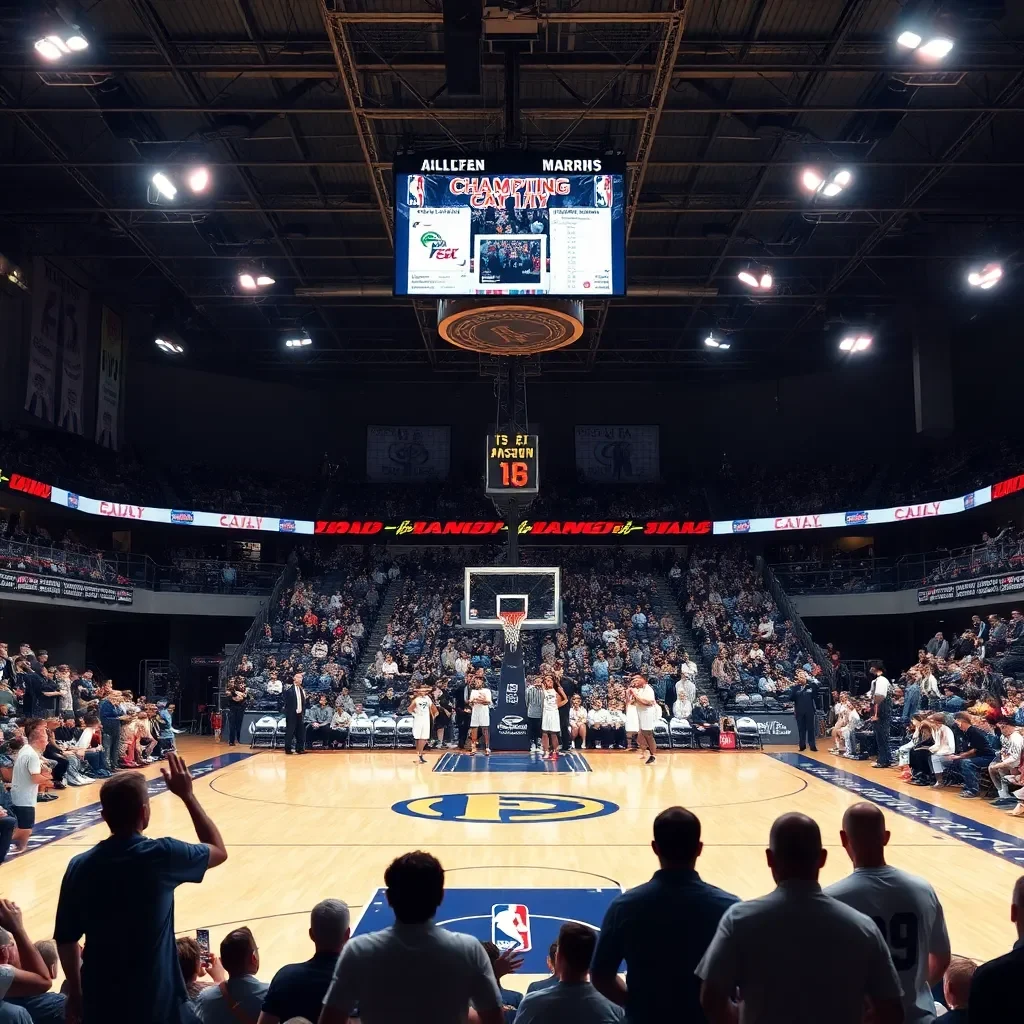 Basketball court with championship banners and excited fans.