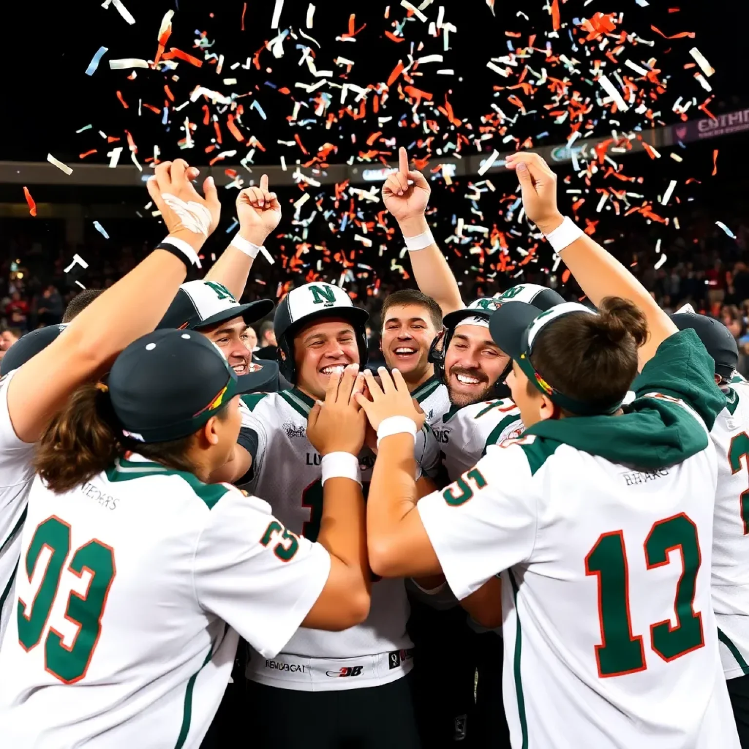 Celebratory team huddle with sports gear and confetti.