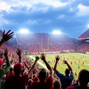 Dynamic stadium crowd cheering during college football game.