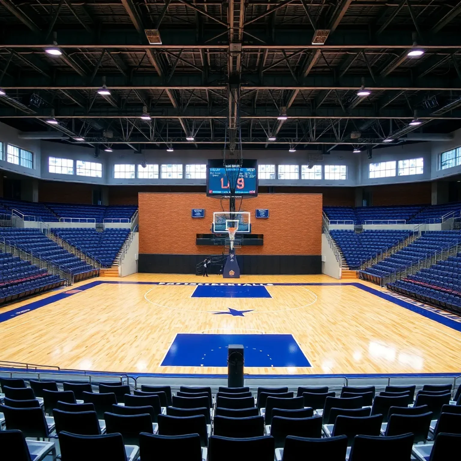 Basketball court with empty bleachers and a scoreboard.