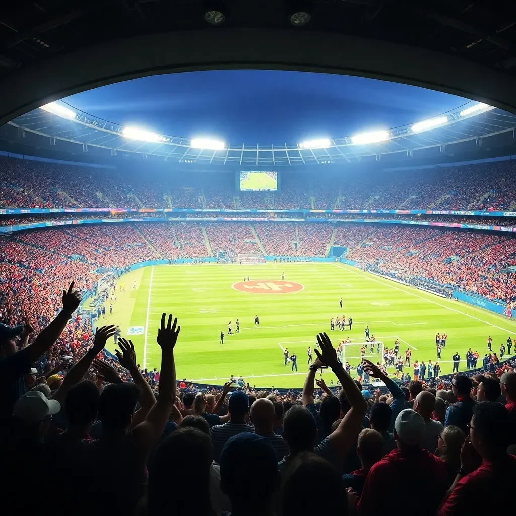 Exciting football stadium scene with cheering fans and scoreboard.