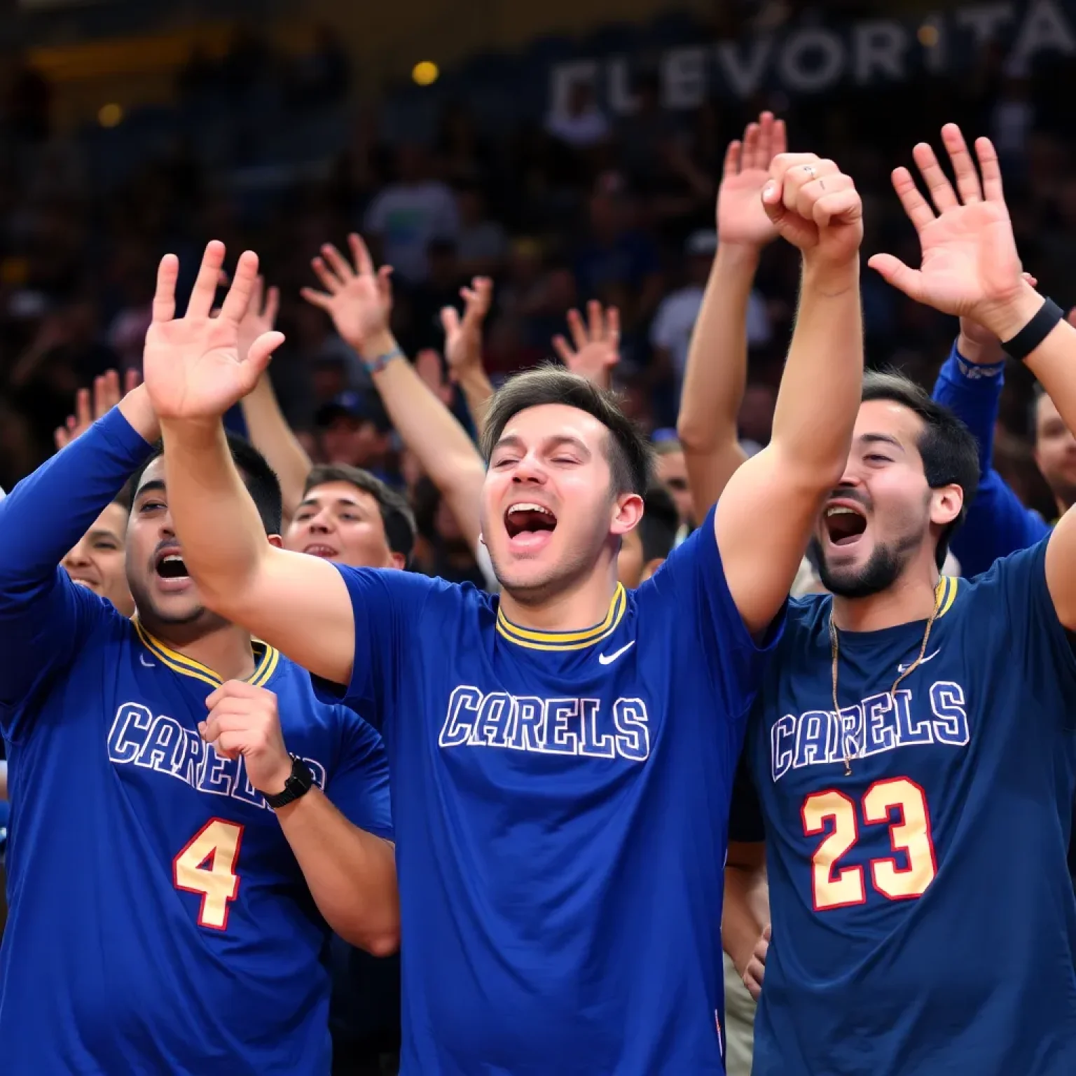 Cheering fans celebrating a team's basketball victory.