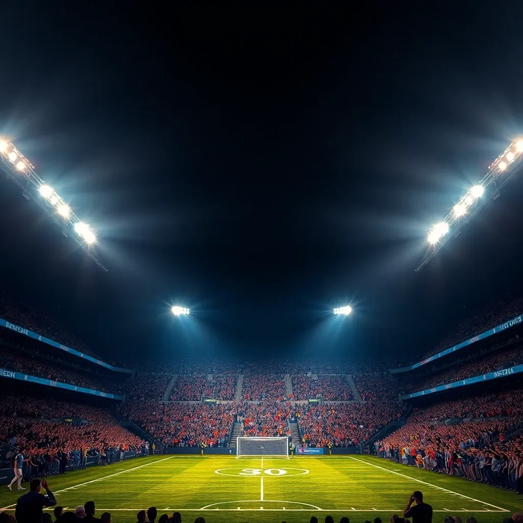 Football field under stadium lights with cheering crowd.