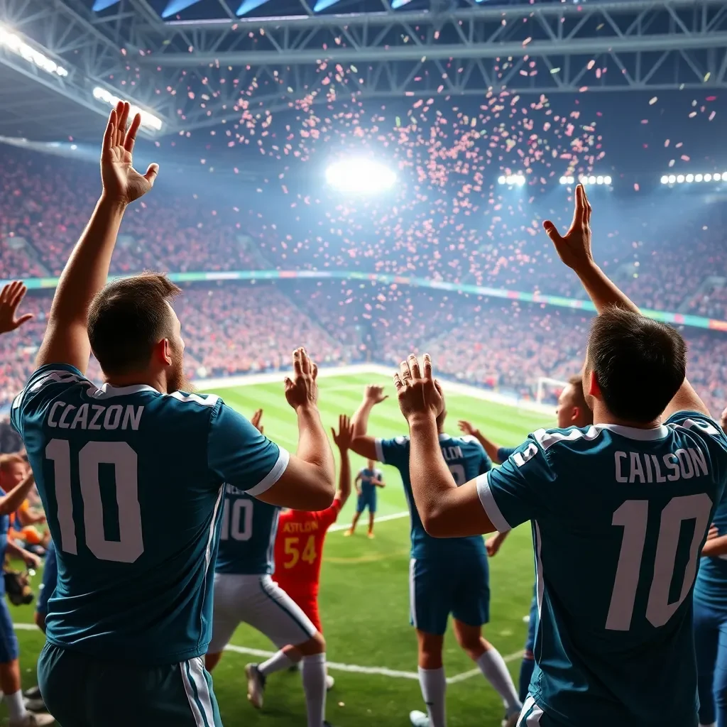 Football rivalry celebrations in a vibrant stadium atmosphere.