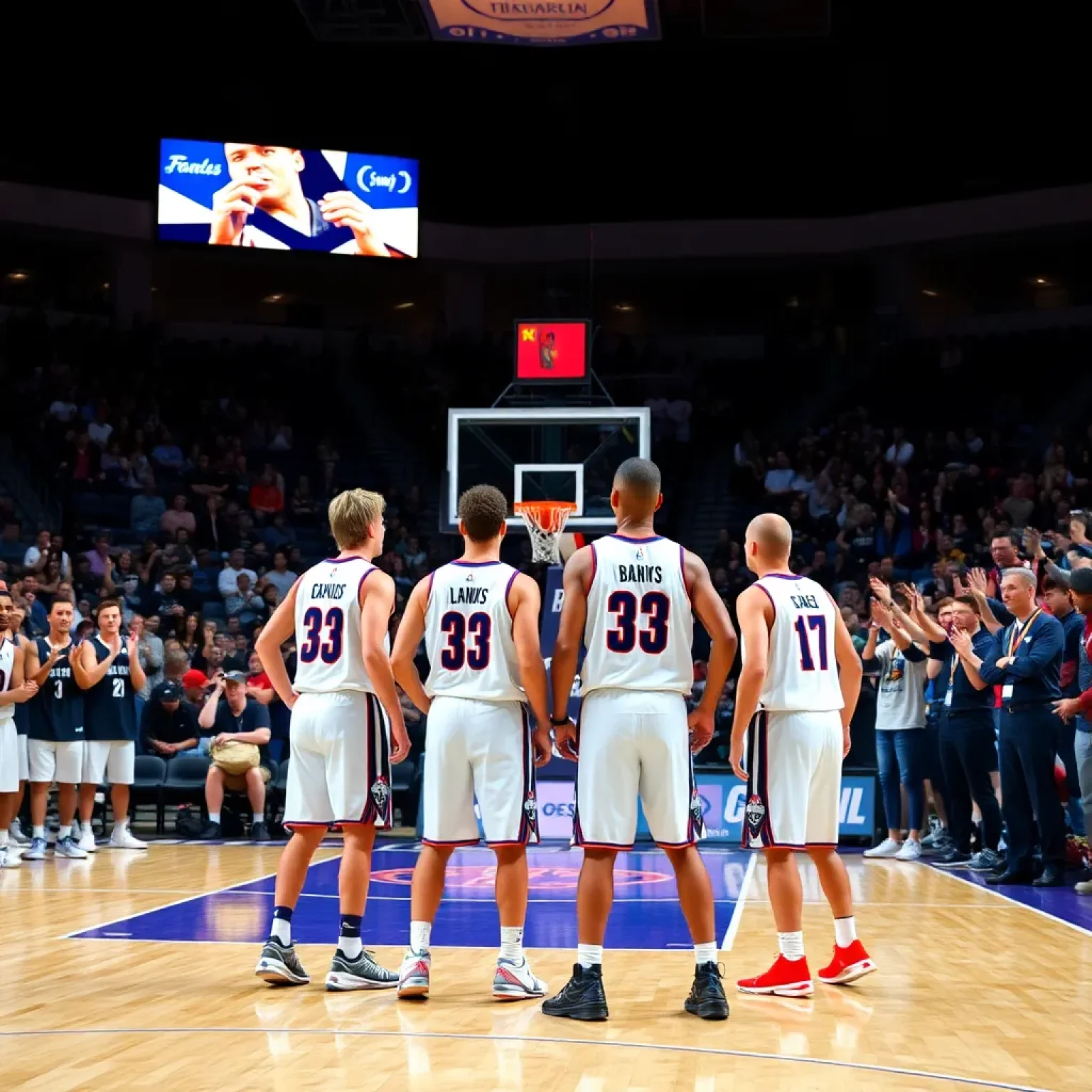 Basketball court with two teams' jerseys and excited fans.