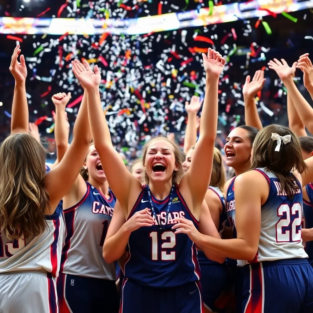 Women's basketball victory celebration with confetti and team colors.