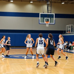 Basketball court with women's teams competing passionately.