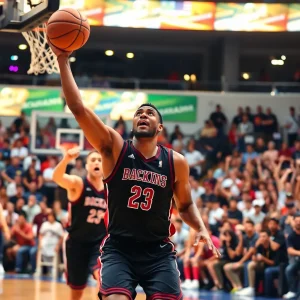 Dynamic basketball game action with vibrant crowd engagement.