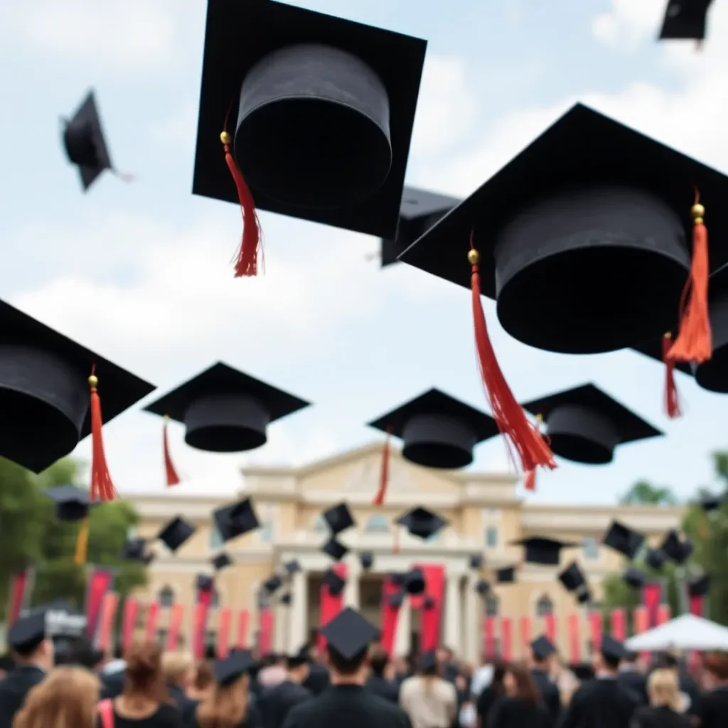 Graduation caps flying over a festive campus backdrop.