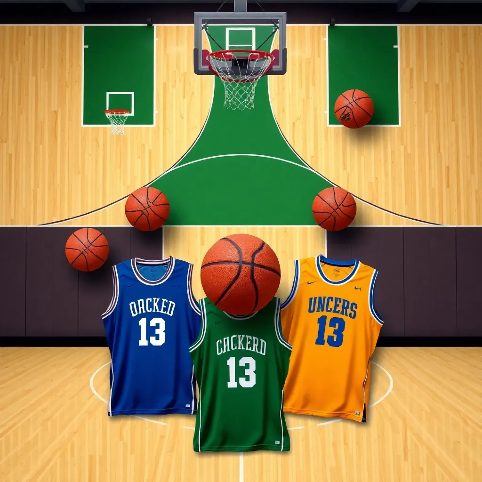 Basketball court split with team jerseys and basketballs.