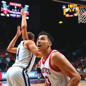 Intense basketball game moment with scoreboard in focus.