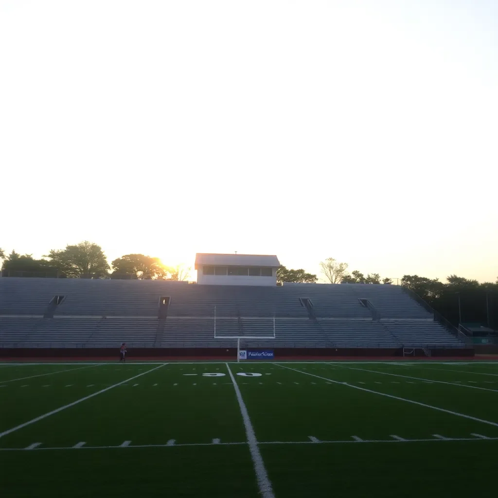 Football field with empty bleachers and a sunrise.