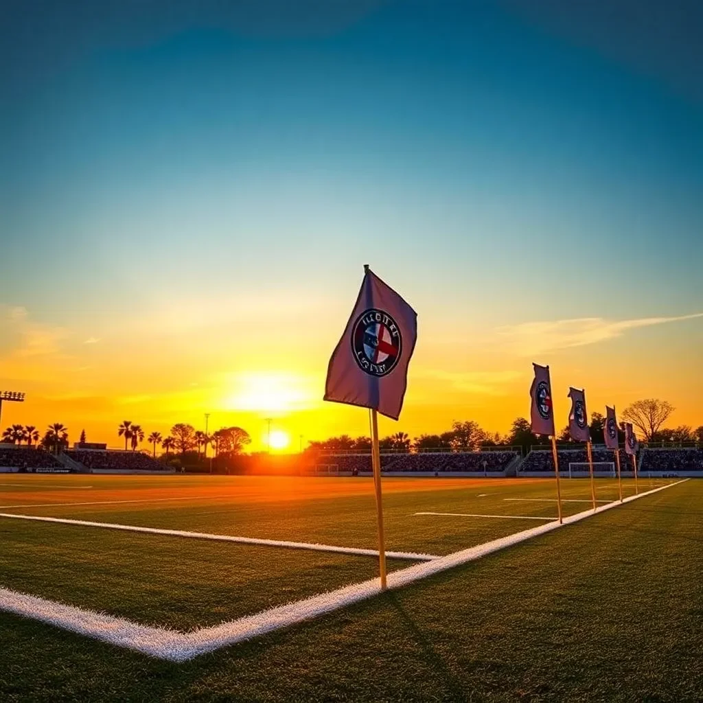 Soccer field with sunset and team banners waving.