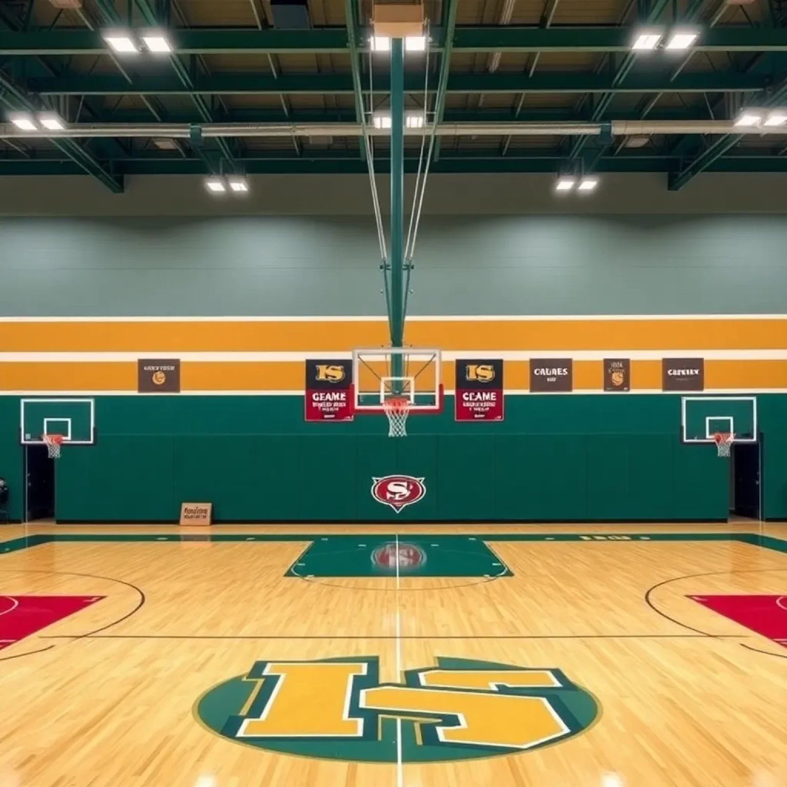 Basketball court with team colors and game gear displayed.