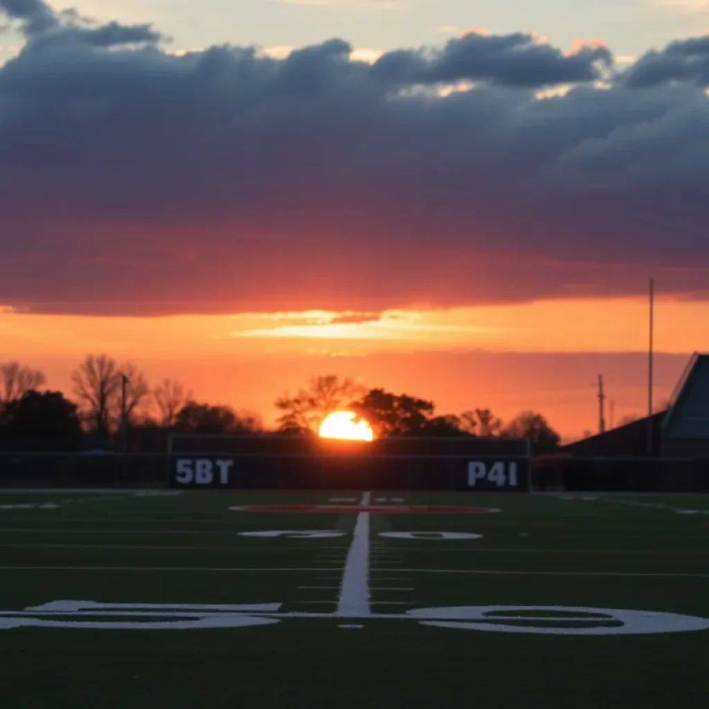 A football field at sunset, symbolizing remembrance.