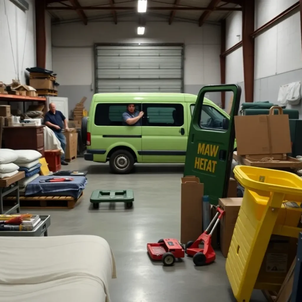 Warehouse of Dream Center Golden Triangle showing empty shelves and tools for beds.