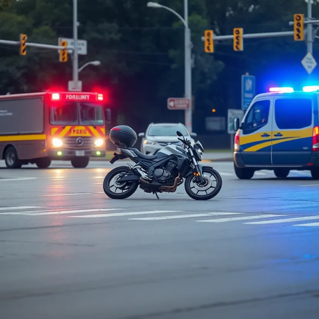 An image depicting the aftermath of a motorcycle crash in Starkville with emergency vehicles present.