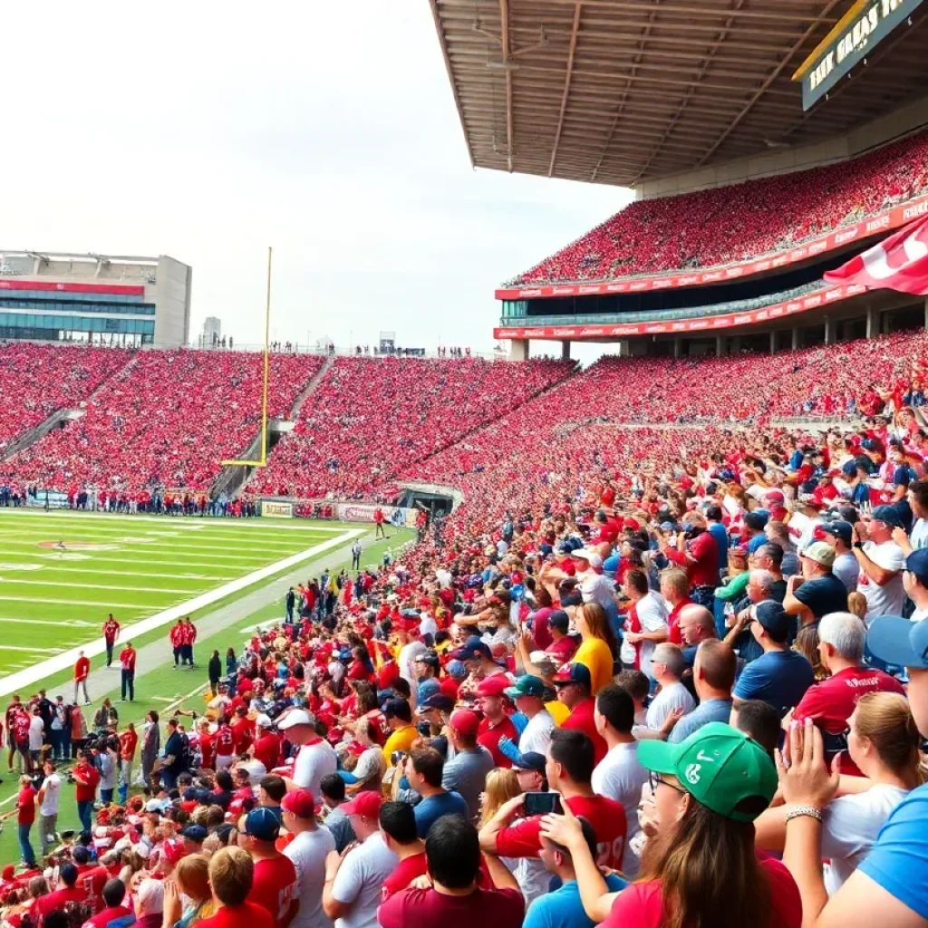 Fans cheering in the Mississippi State football stadium