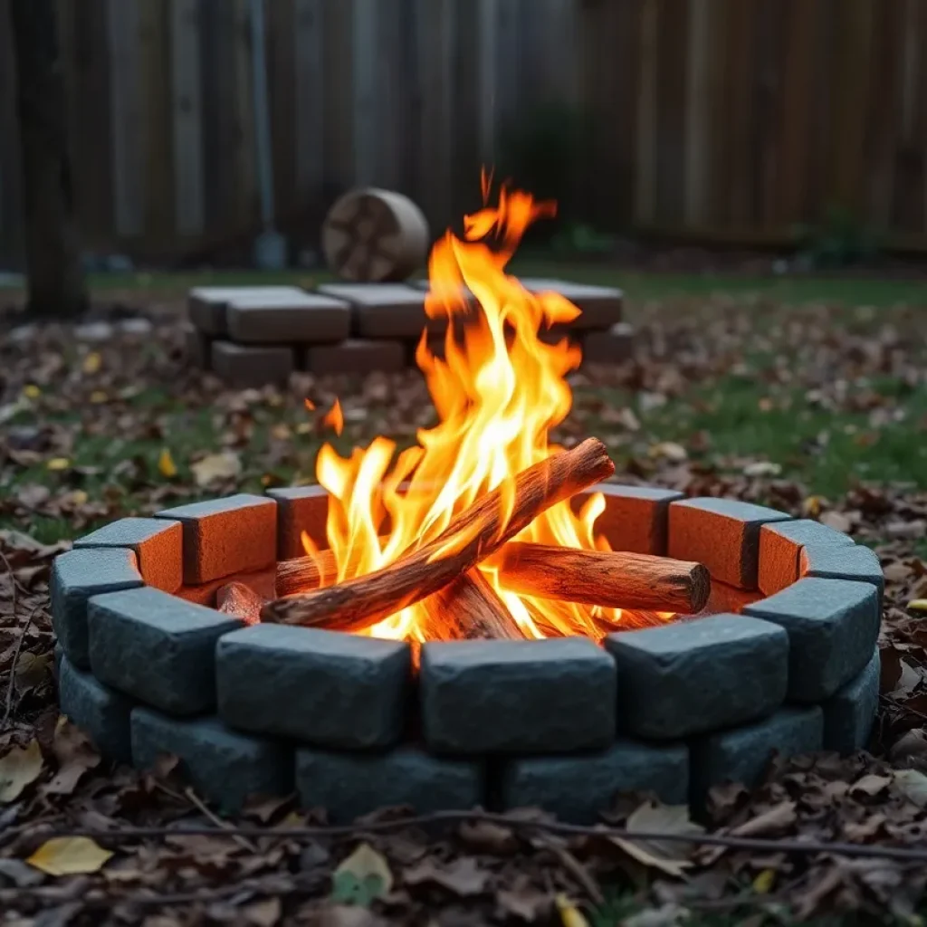 Backyard fire pit with leaves in a safe outdoor setting