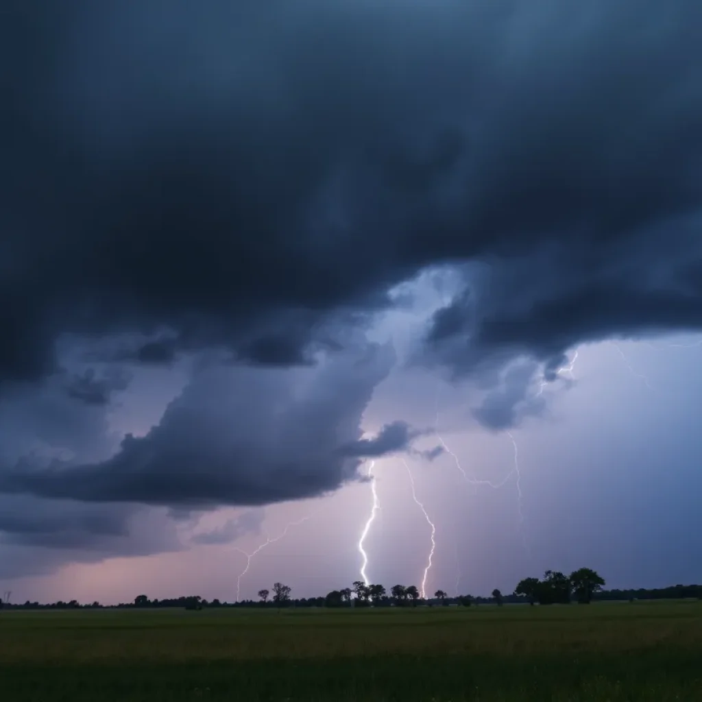 Severe storms over Mississippi landscape with dark skies