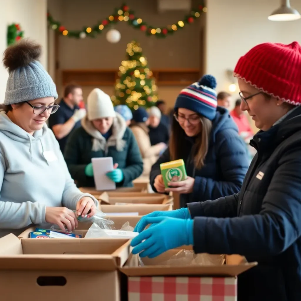 Volunteers packing food boxes for the Starkville Second Servings program