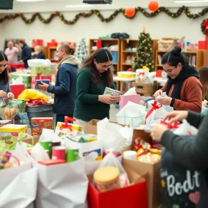 Volunteers sorting gifts for Starkville's Holiday Stocking Stuffer Drive