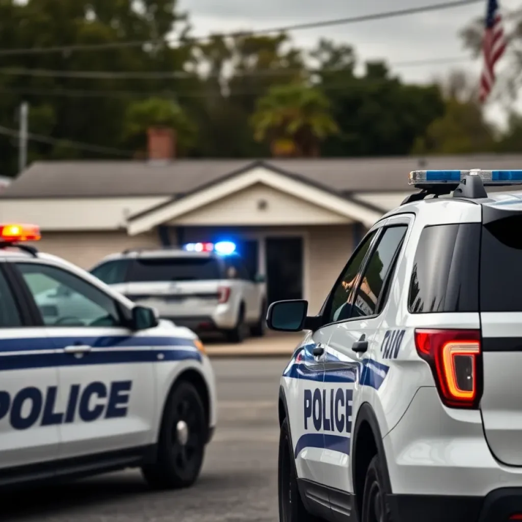 Exterior view of a small-town police station indicating law enforcement activity.