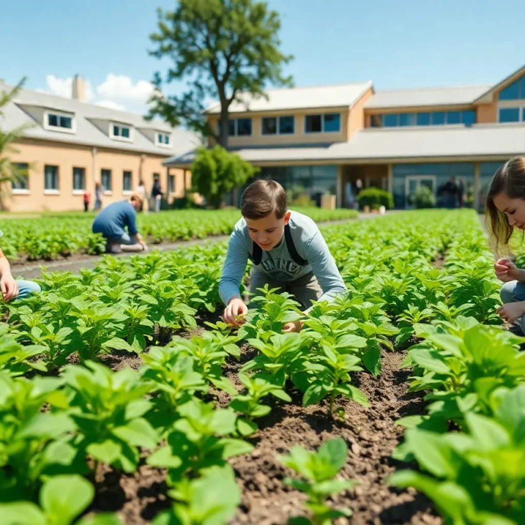 Students at Mississippi State University planting seedlings in a student farm.